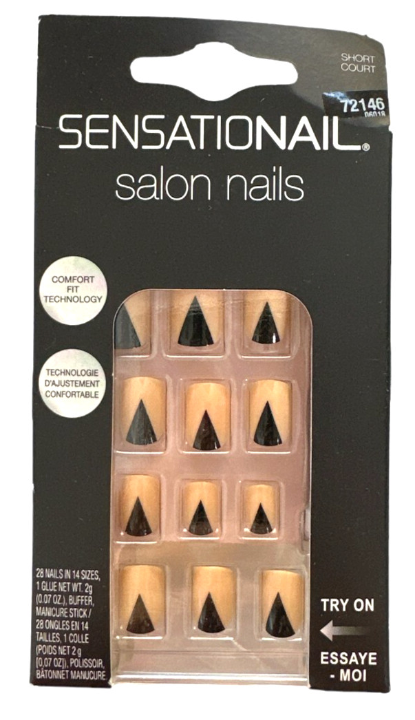 Sensational Salon Nails, Square Beige w/ Black Triangle, Short, 28 count