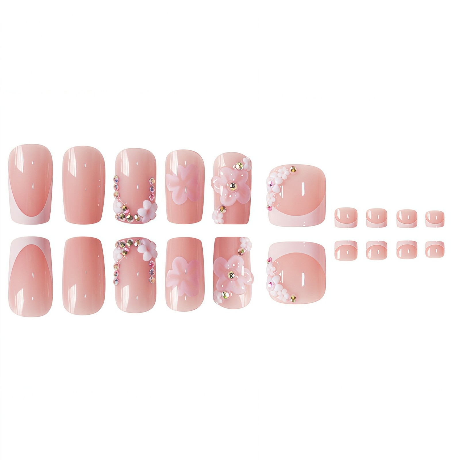 French White Tip Nude Base Floral Press On Nails Set Wholesale