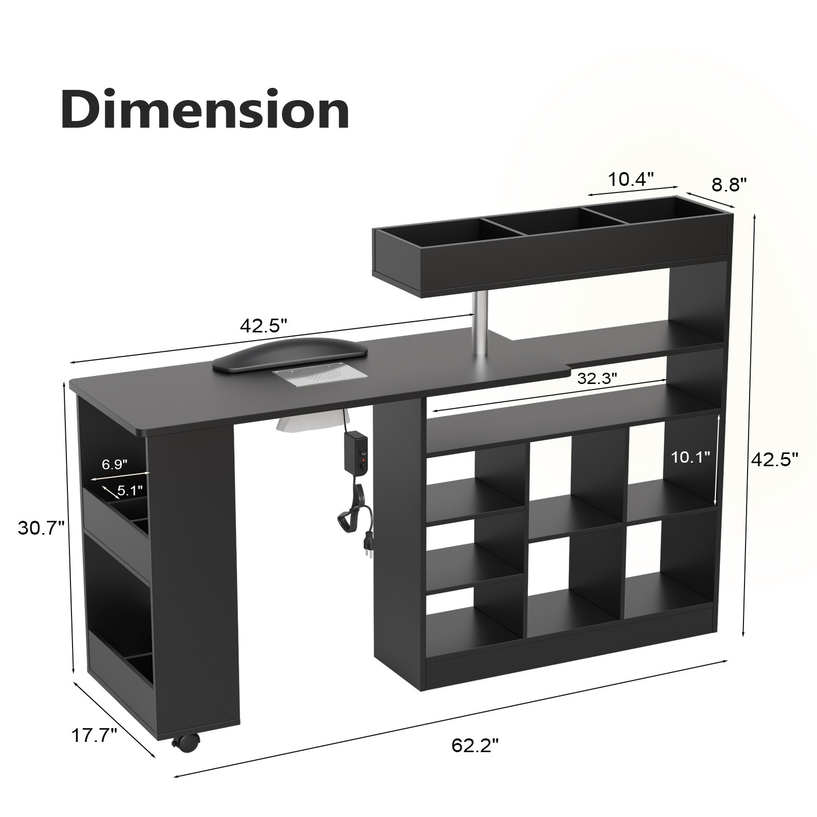 L Shaped Manicure Table with Wrist Rest & 180° Swivel Desktop and Dust Collector