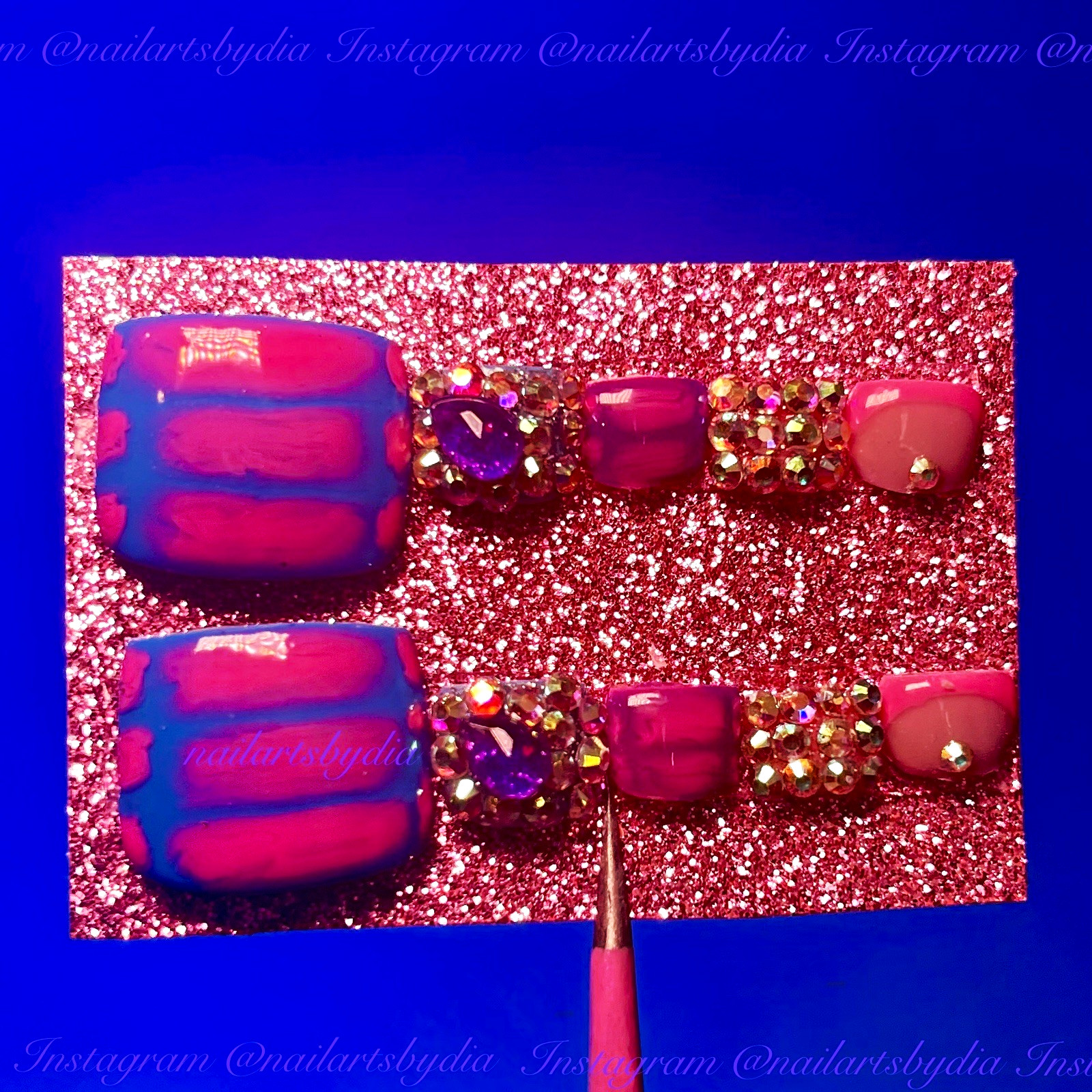 Nail Arts by Dia Square Press-On Nails Pink Blue Purple 3D Glitter Rhinestone