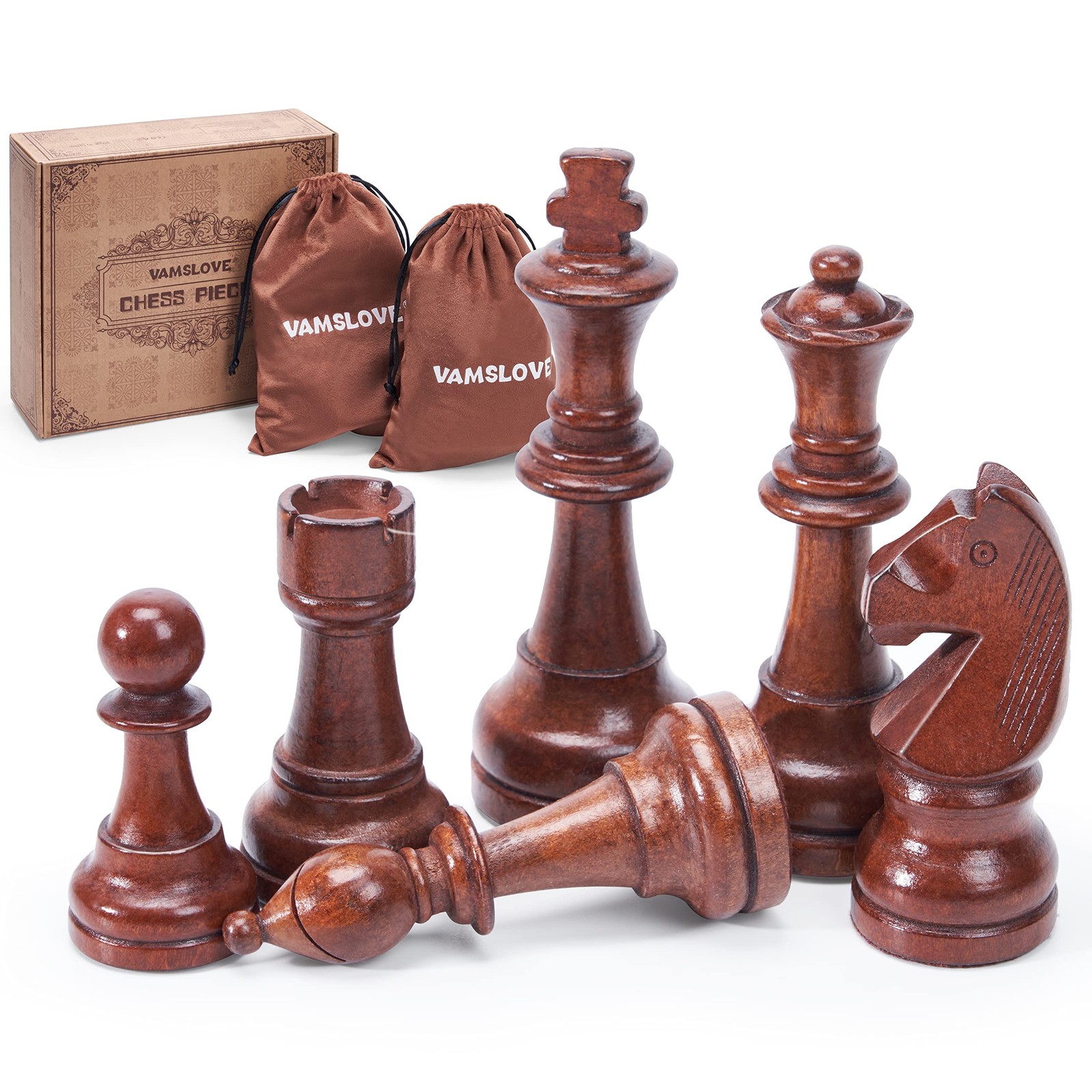 Vamslove Wooden Chess Pieces Large 4.5” King Set of 32 Luxury Large, Brown
