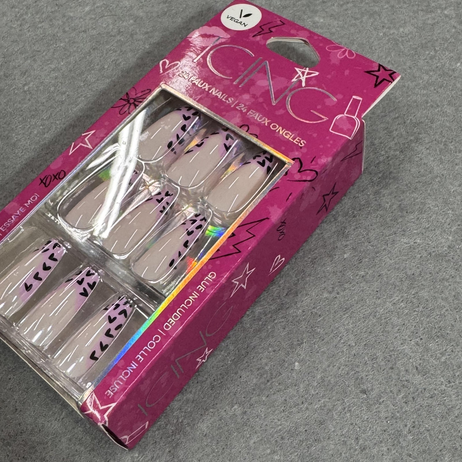 Icing Vegan 24 Faux Nails Nude Pink Leopard Print Press On Set Glue Included NEW