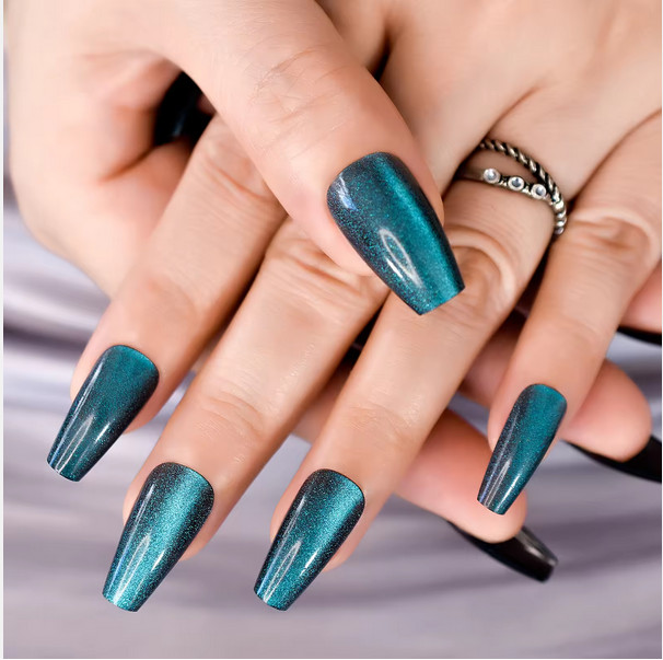 Aurora Blue Cats Eye Medium Coffin Press on Nails