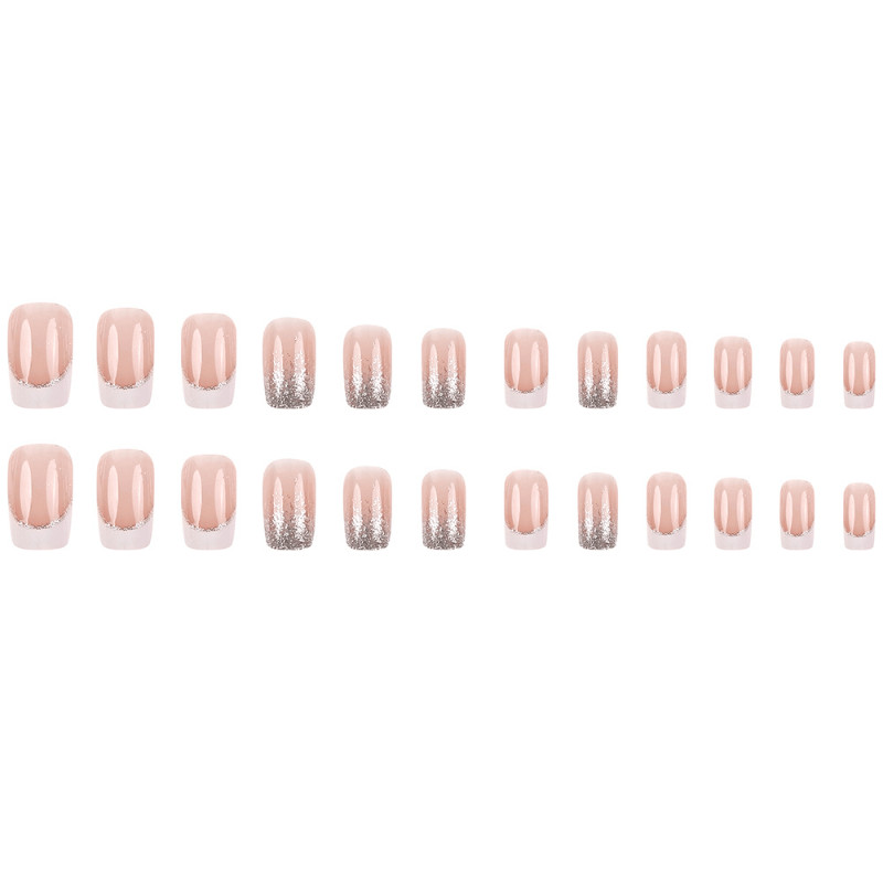 48pcs Short Square Press on Nails, Nude White French Silver Glitter Ombre Nails