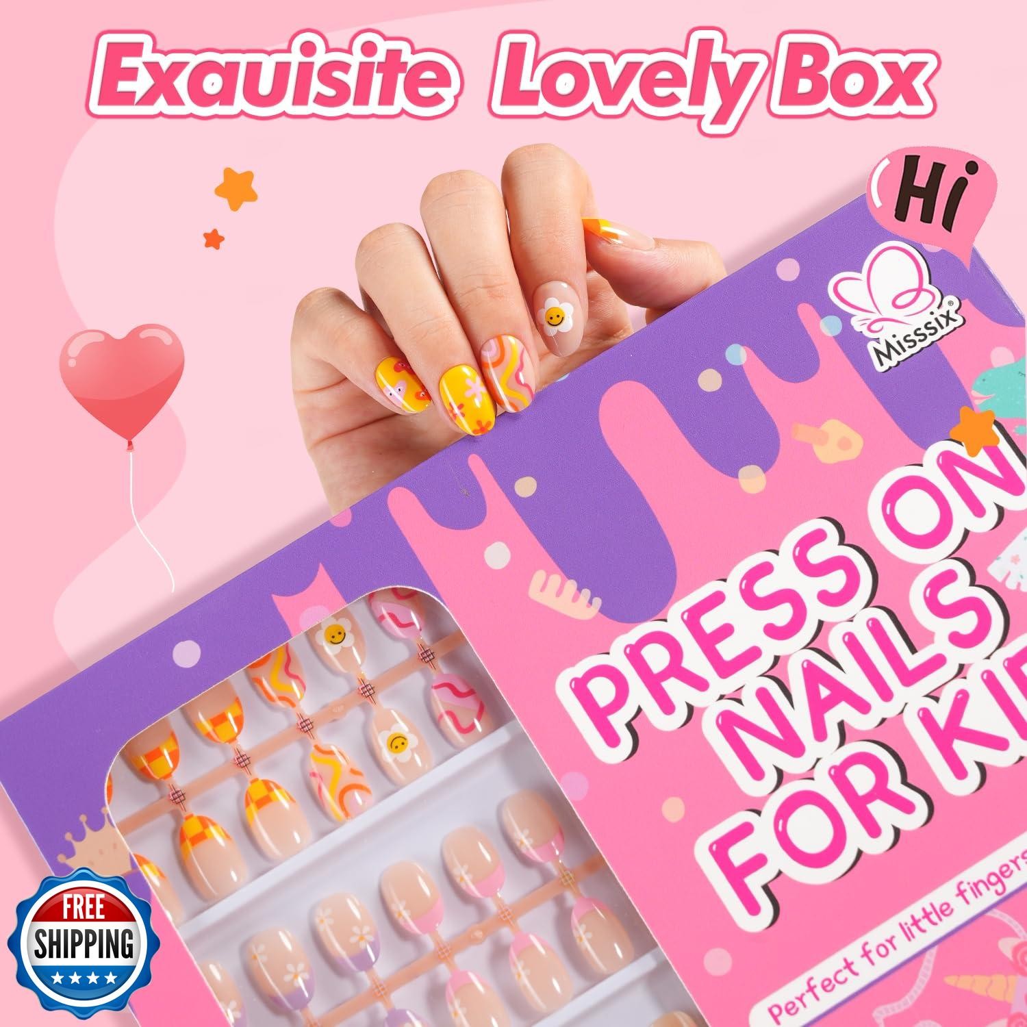 Misssix 78 Pcs Press on Nails for Kids, 3 Pack Kid Fake Nail Kit Cute Press o