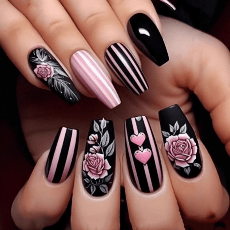 48 Pcs Rose Heart Stripe Black Coffin Press on Nails, Cool Trendy Fake Nails