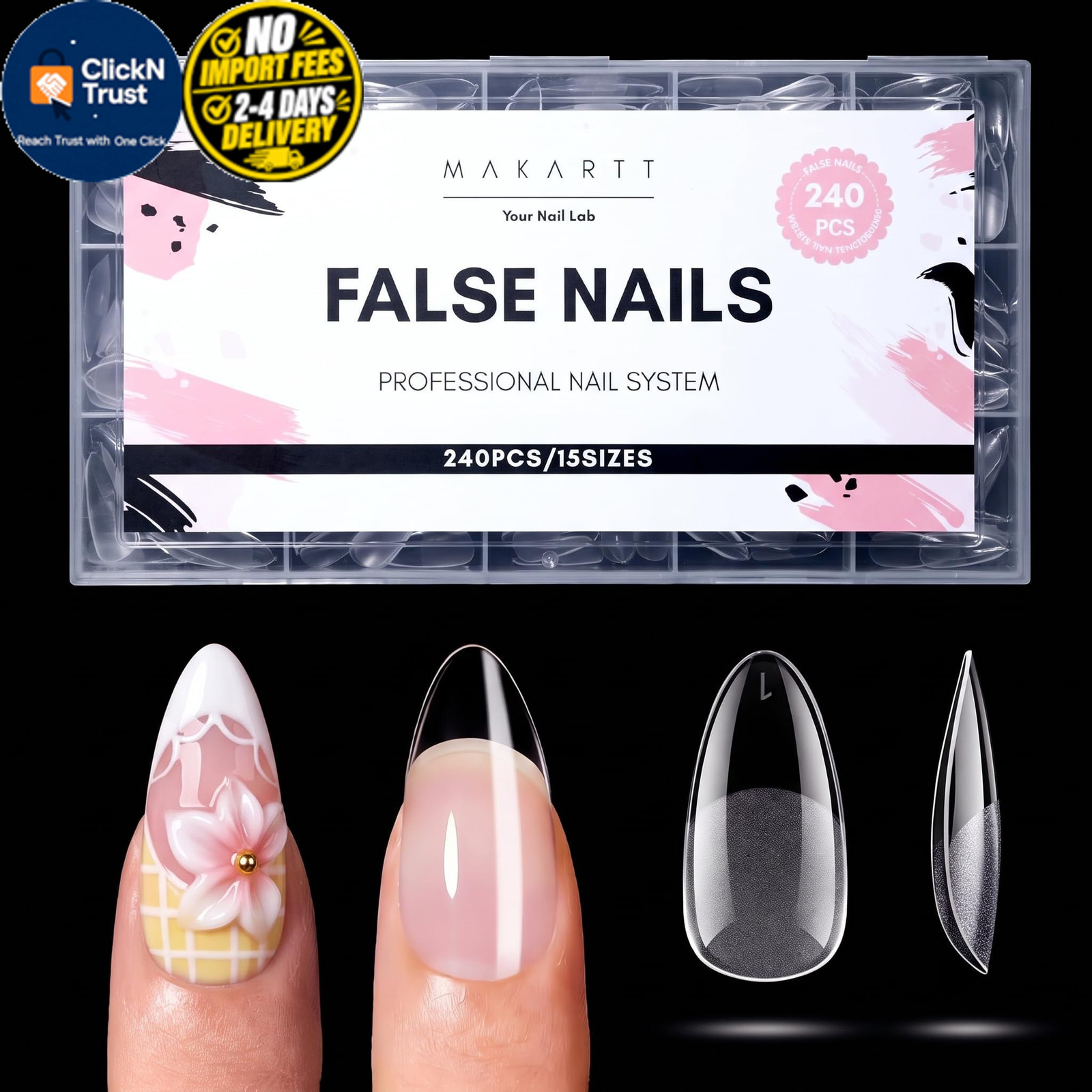 Makartt Medium Almond Nail Tips: 240PCS, 15 Sizes, Half Medium-Long, Clear