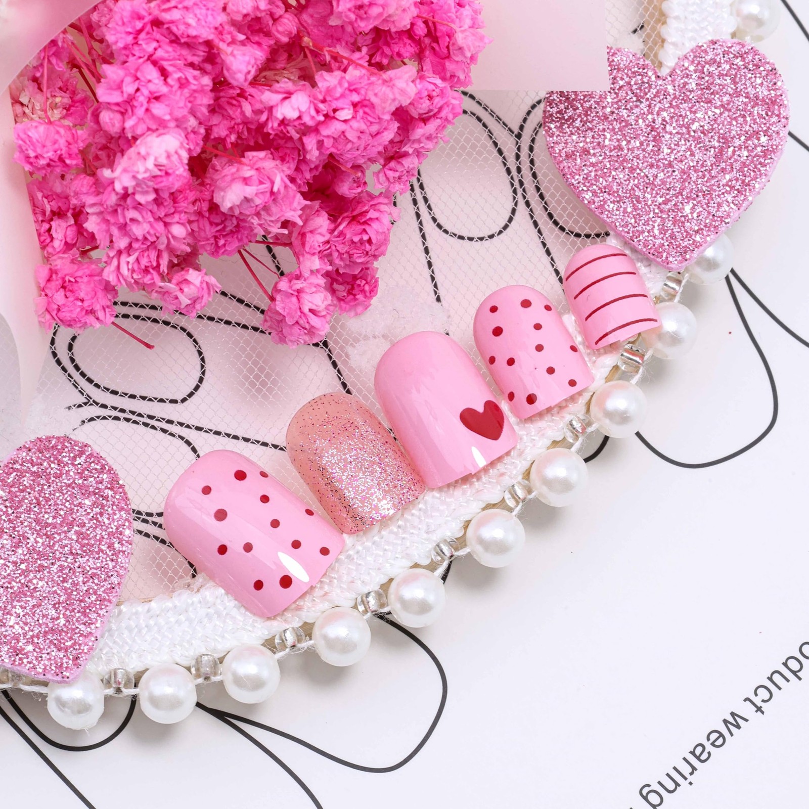 24Pcs Valentines Press on Nails Short Square Red Style 01, MultiColor
