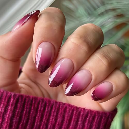 Purple Ombre Press on Nails Almond Fake Nails Purple French Medium Style-4