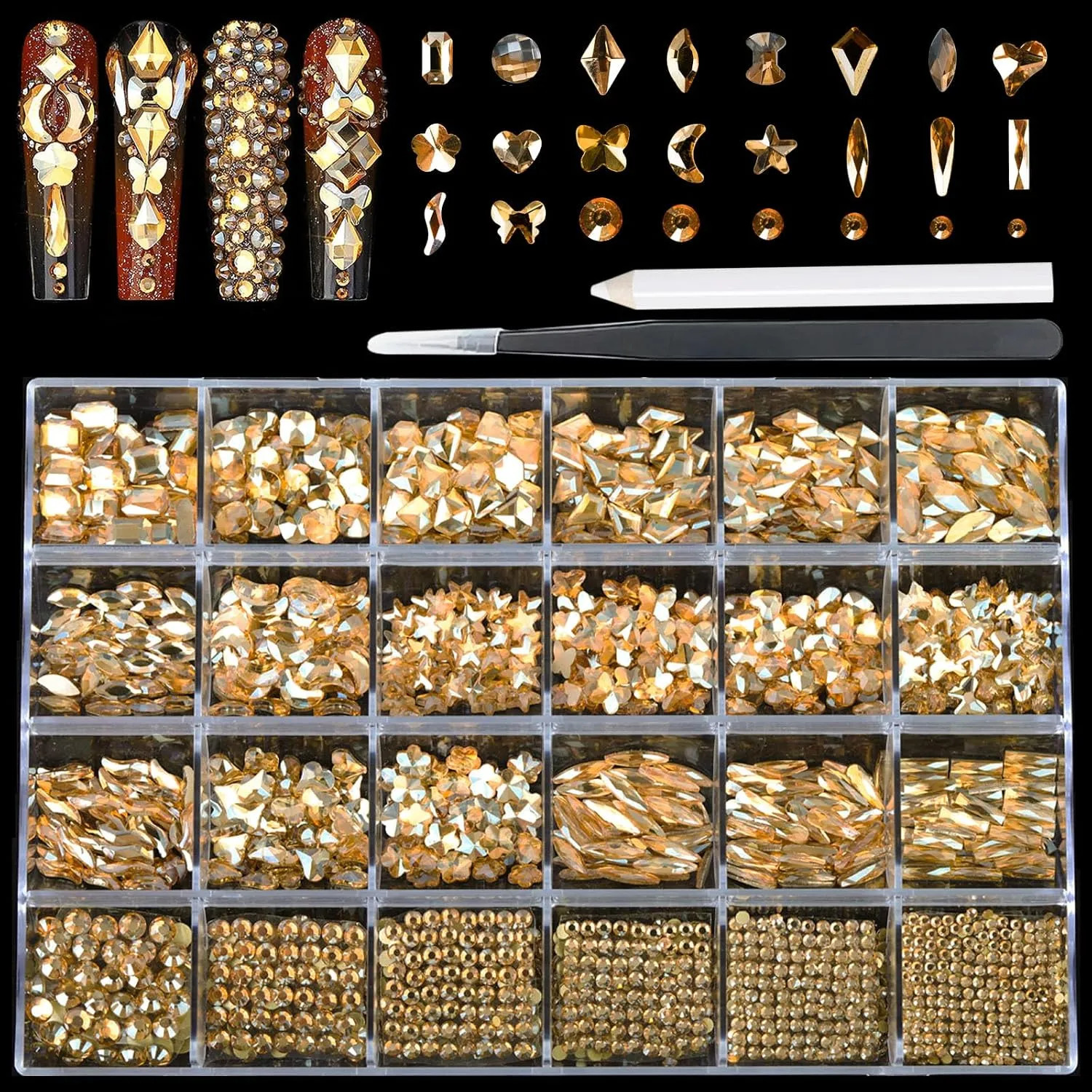 Nail Rhinestones Kit 18 Types 900 Special Shaped And 3200 Flat Back Nail Art…