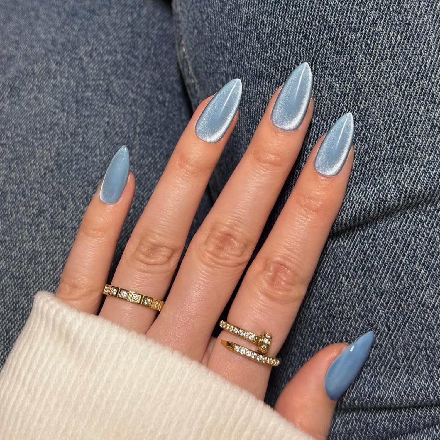 30 Pcs Glitter Cat Eye Press on Nails Almond Medium – Light Baby Blue Fake Na…