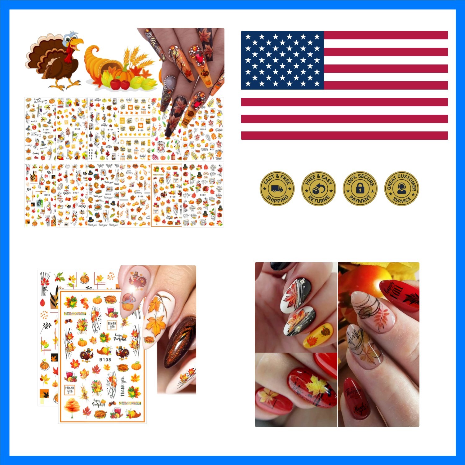 12 Sheets Fall Nail Art Stickers 3D Autumn Leaves Nail Decals Self-Adhesive T…