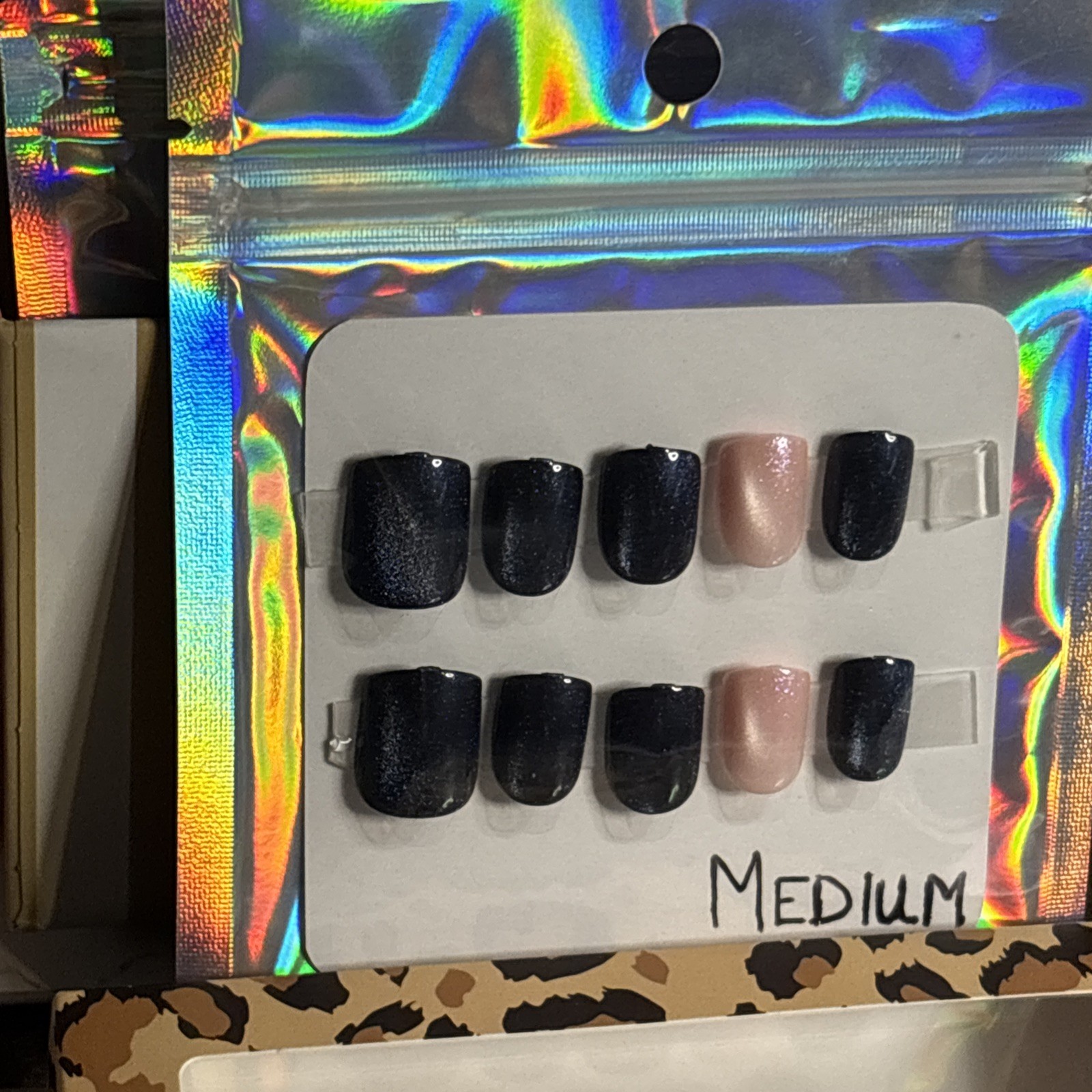 Press On Nails Short Square Glitter Cateye Sz Medium Pink&Blue Cateye