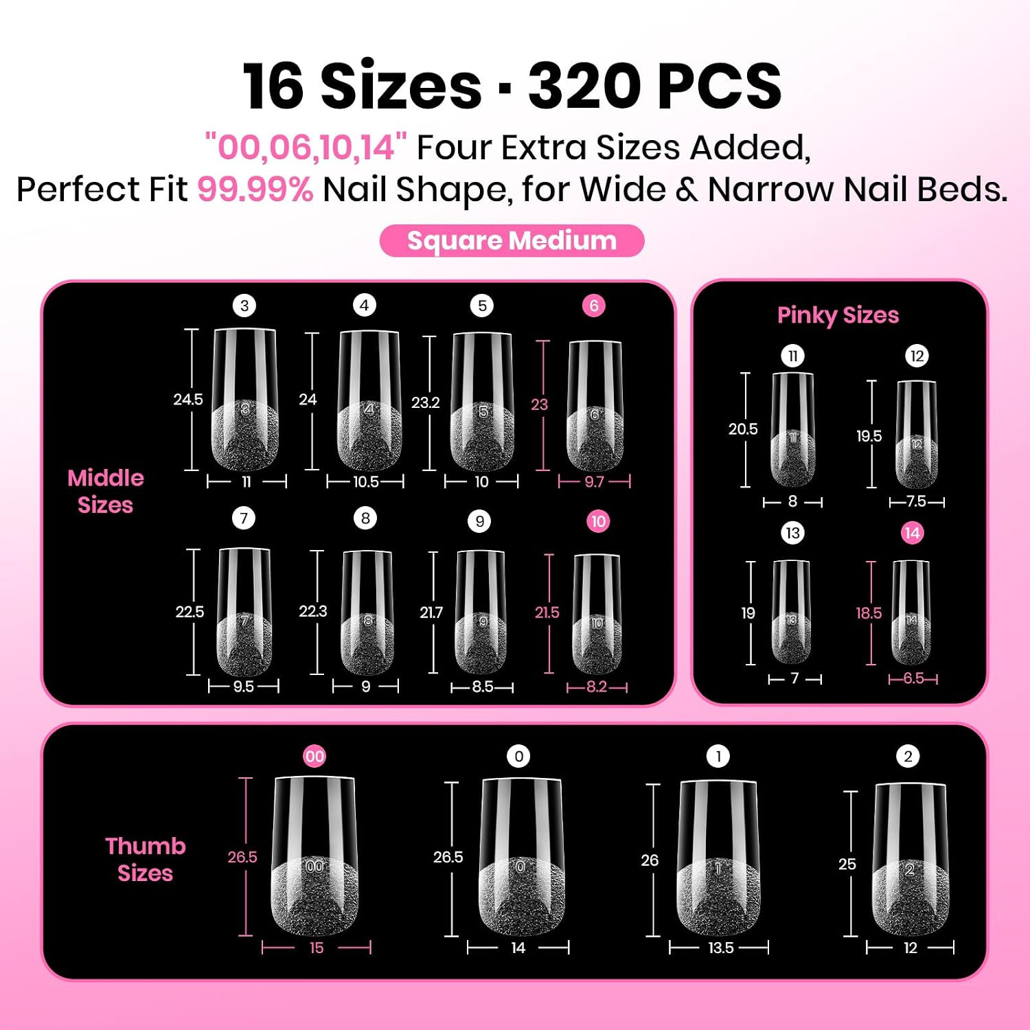 Gel Nail Tips Flat-X- Square Medium, 320Pcs 16 Sizes(00-14) | Pre-Etched Half Ma