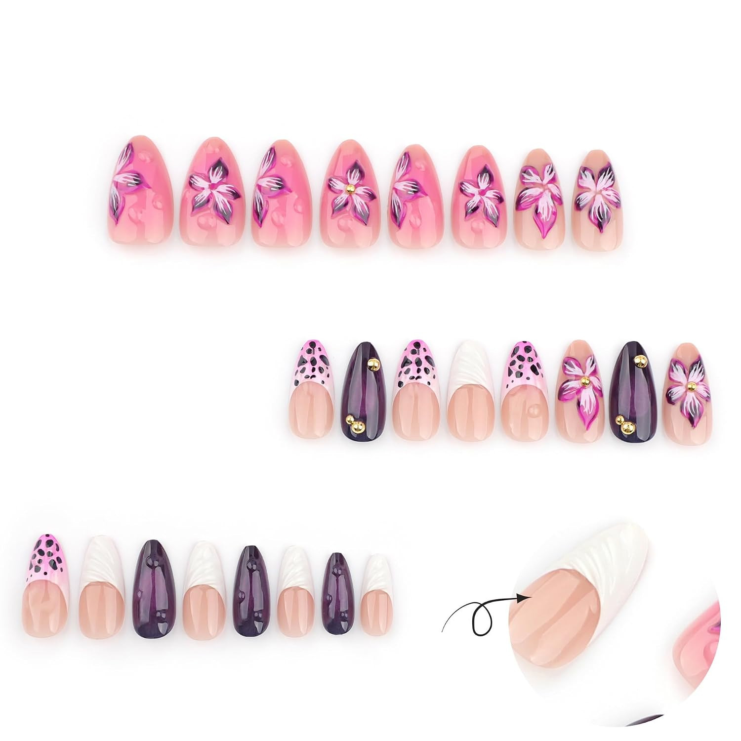 24Pcs Purple Flowers Press on Nails Medium Almond Fake Nails with 3D Floral Gold
