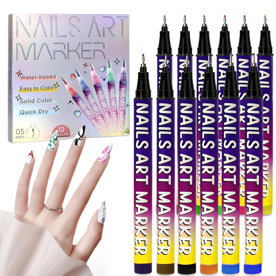 12 Colors Nail Art Pens Set 3D Nail Polish Pens Graffiti Dotting Pen Acrylic Pai