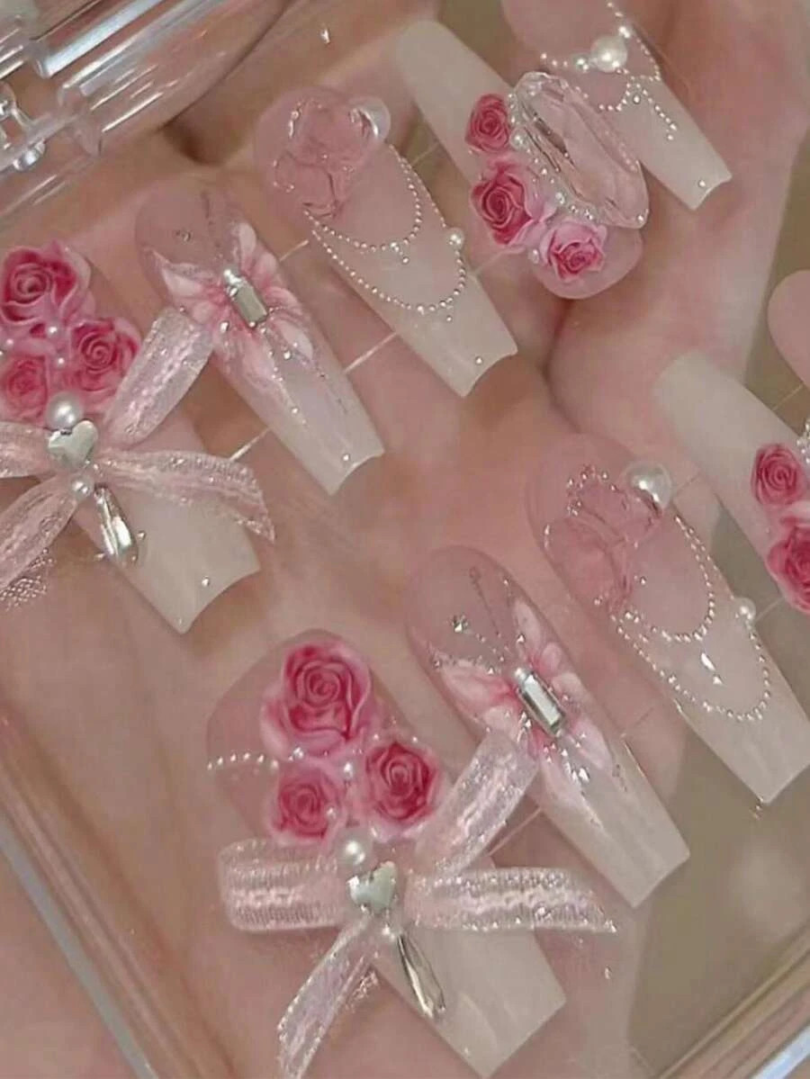 3D Flower Nail Charms Acrylic Petal Rhinestone Nail Art Decorations