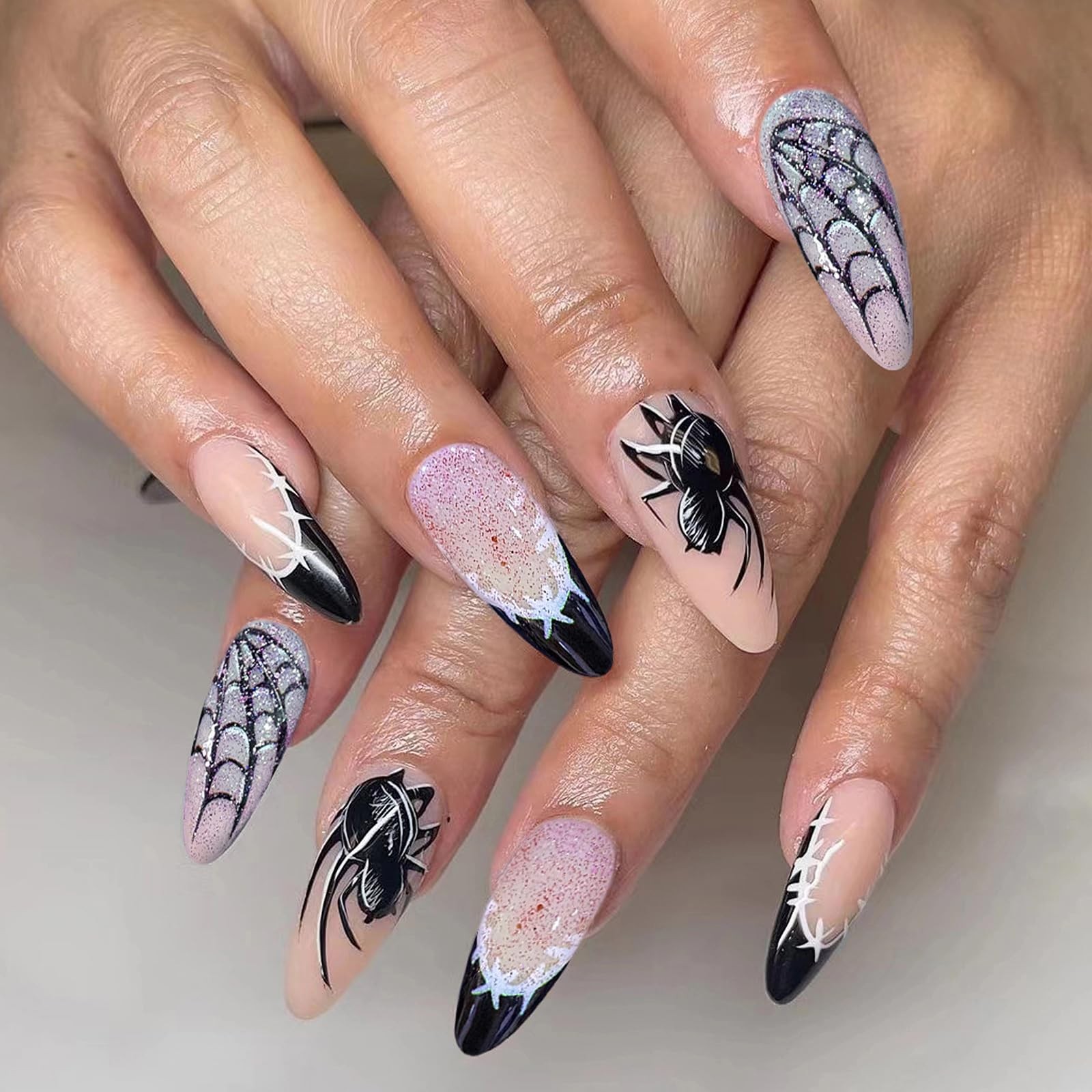 Press on Nails – Medium Almond Glue on Nails with Black French Tip, Acrylic G…