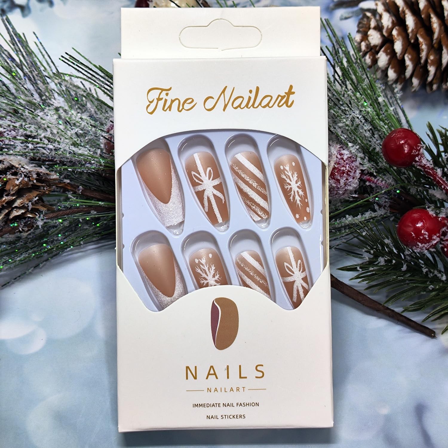 Christmas Press on Nails Medium Square Fake Nails with Snowflake Candy Cane L…
