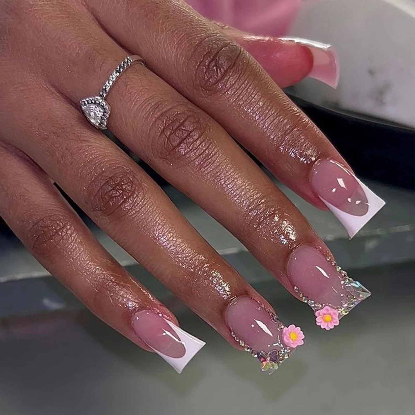Pink Leopard Duckbill Press On Nails Sweet French Full Cover False Nails