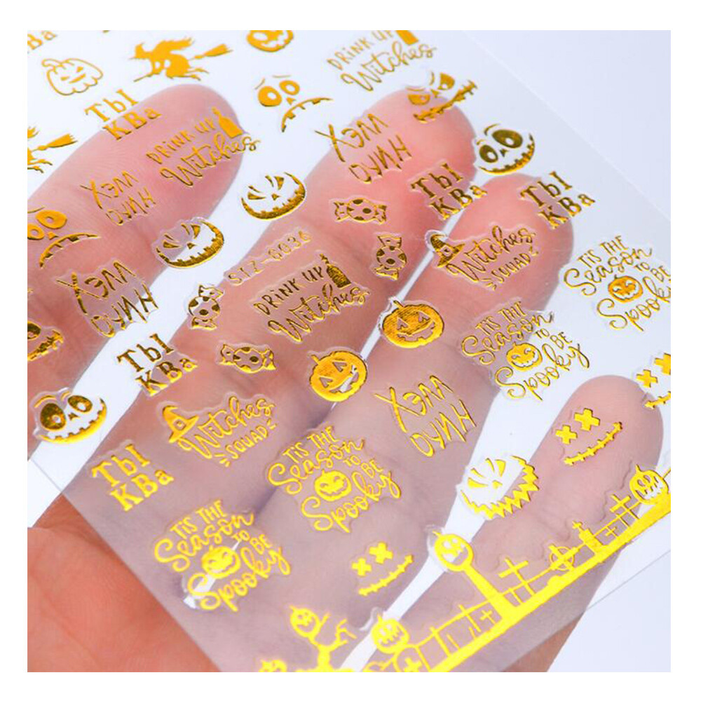 Gold Black Halloween Bat Witch Pumpkin Skull Nail Sticker Art Decal Waterproof