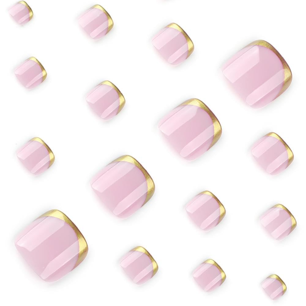 Gold French Tip Press on Toenails Short Square Glue on Nails with Designs Glo…