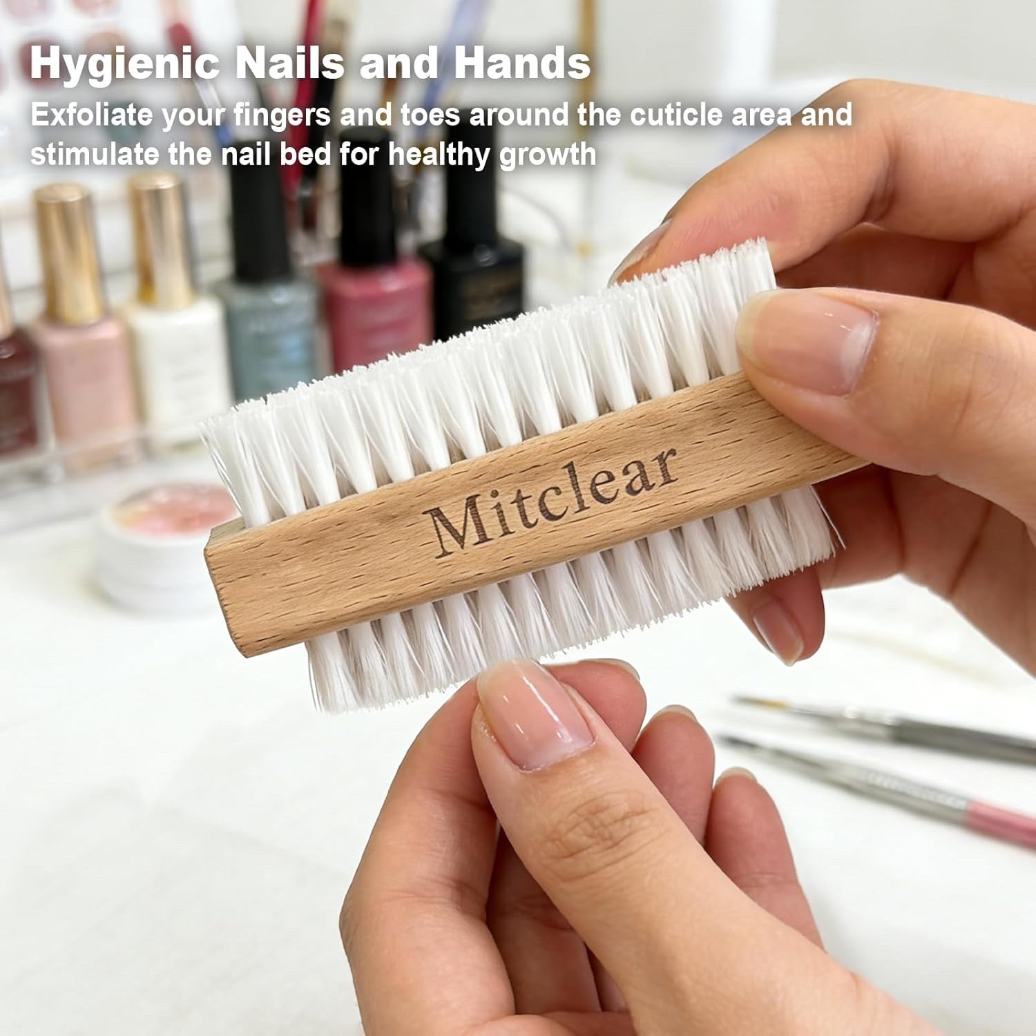 Mitclear Wooden Nail Brush, Nail Scrubbing Brushes with Hard Plastic Bristle