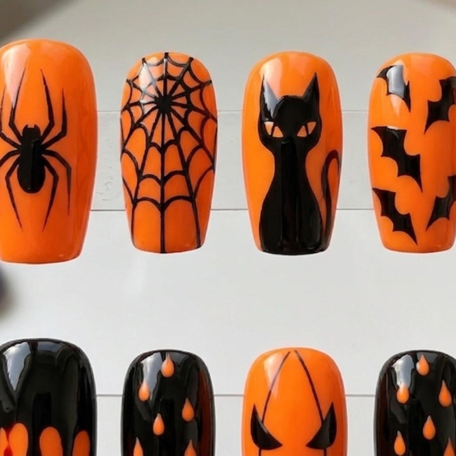 Custom Handmade Classic Orange Black Halloween Spider Square Press on Nails