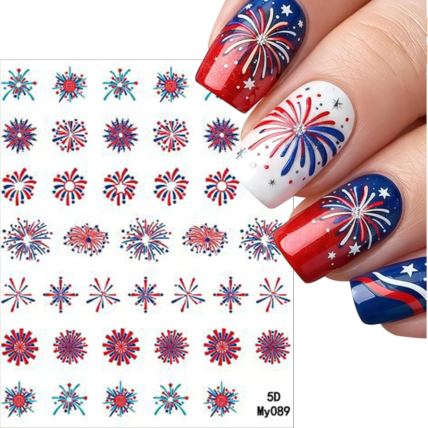 3 Sheets 4Th of July Fireworks Nail Art Stickers 5D Embossed Self Adhesive
