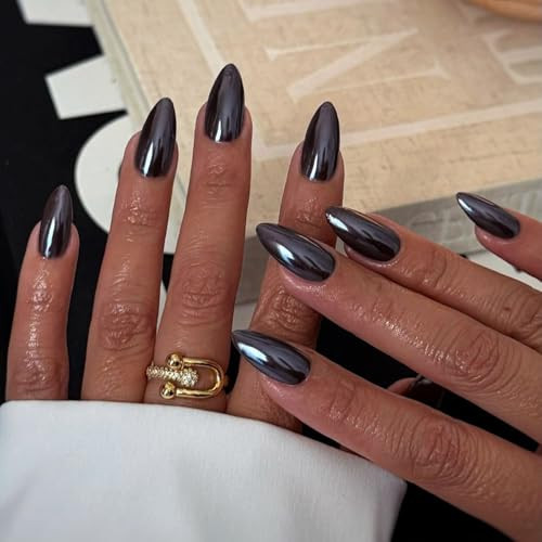 24Pcs Almond Press on Nails Medium Fake Nails Black Aurora Acrylic False Nails