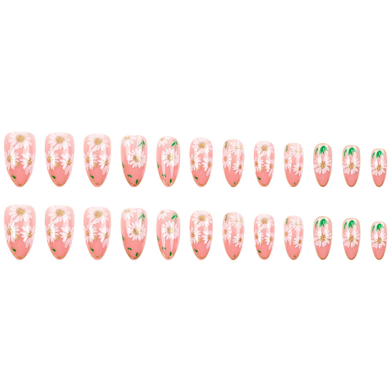 48pcs Short Oval Press on Nails, Nude Pink Gold Edge Daisy Sweet Daily Nails