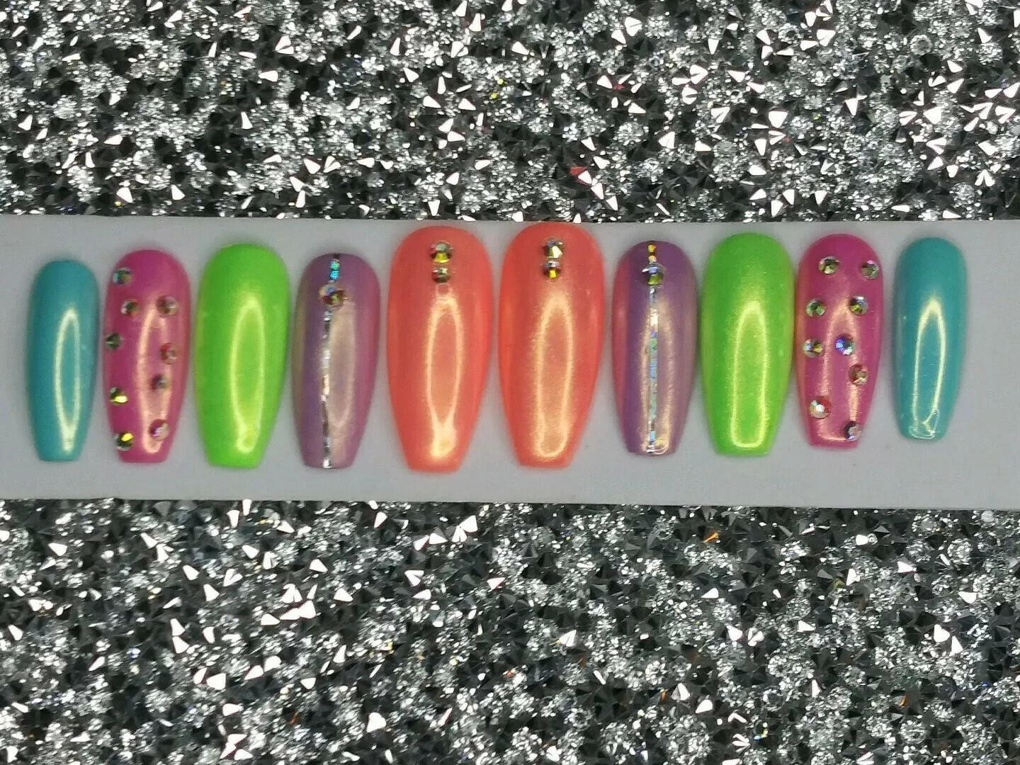 Colorful Rainbow bling gel press on nails crystal set w/ unicorn powder neon