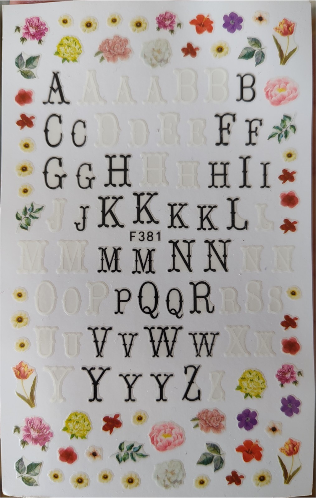 Nail Art 3D Decal Stickers Alphabet flowers F381