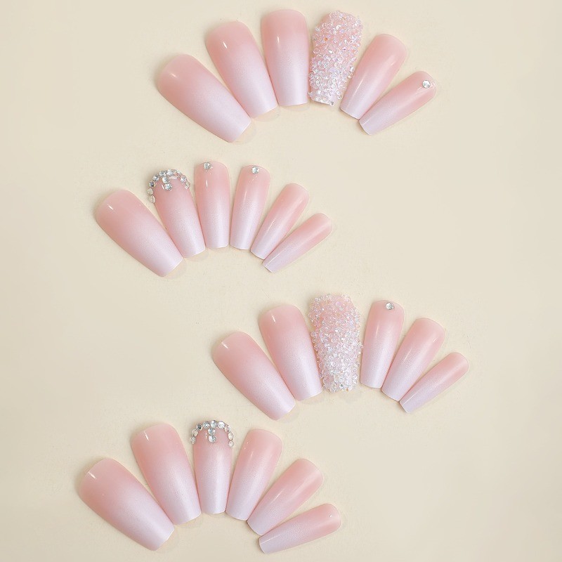 48pcs-Shimmer Pink Coffin Nails Press on With Ombre Glitter and Crystal Accents