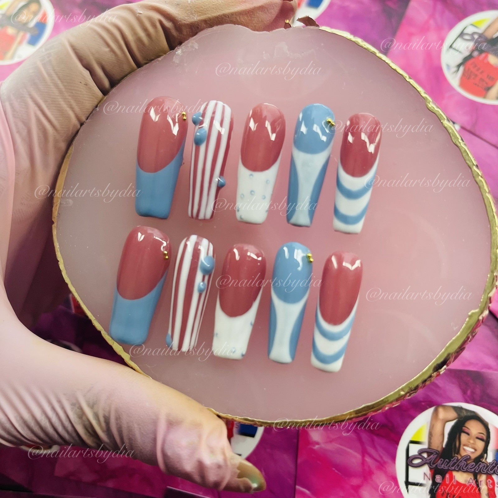 Authentic Nail Arts by Dia Long Square Press-On Nails Pink Blue White Shiny