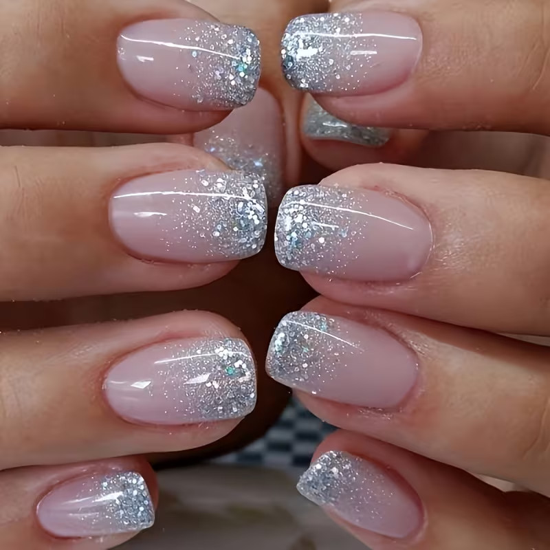 24pcs Medium Press-On Nails, Glossy, Pink and Glitter Silvery Tips