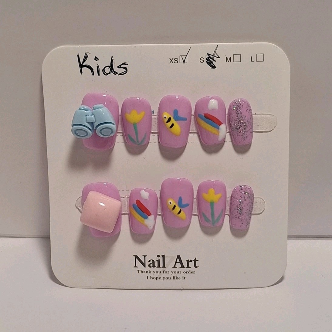 XS Press-On Nails Nail Art Pink Yellow Blue 3D Glitter Square Bee Flower Rainbow
