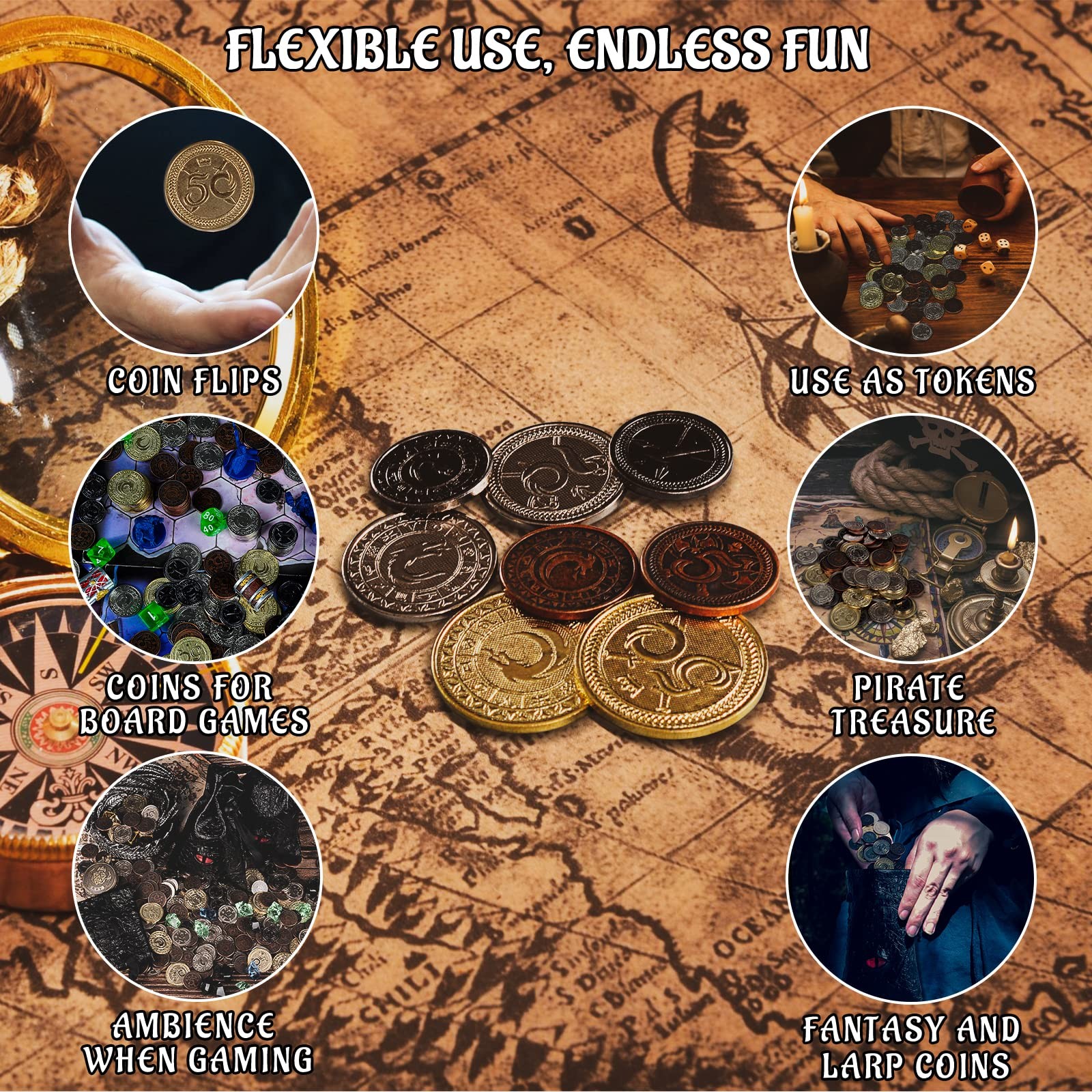 DND Metal Coins Set of 60 with Leather Pouch – Gaming Tokens, Pirate 30mm