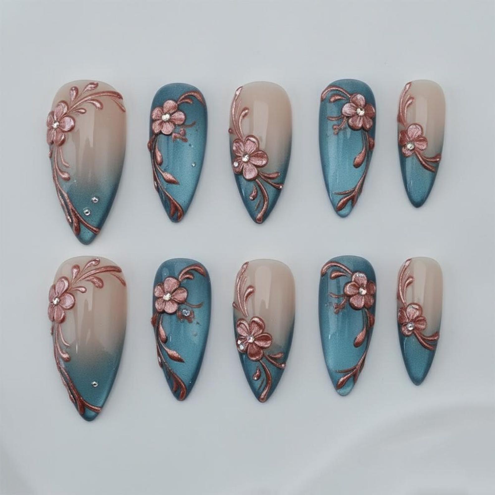 Handmade Blue Nude Gradient 3D Rose Rhinestone Medium Almond Press on Nails