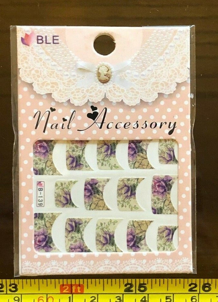 Nail Art Set #B-139 Pretty Green Purple Floral Stick On Nail Accessory BLE