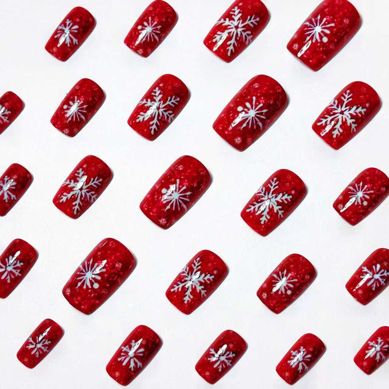 48PCS Red Glitter White Snowflake Press-On Nails Christmas Festive Fake Nails