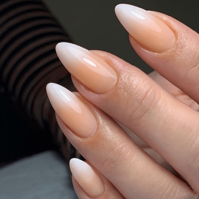 48pcs Almond Press on Nails, Nude White Ombre Solid Glossy Minimalist Nails