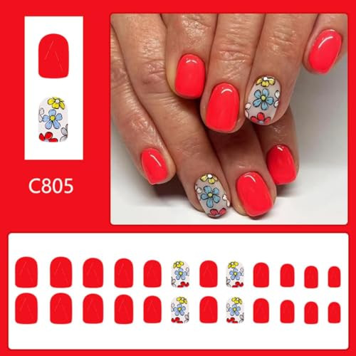 Orange Red Press on Nails Short Square Fake Nails with Design Blue Flower Glue