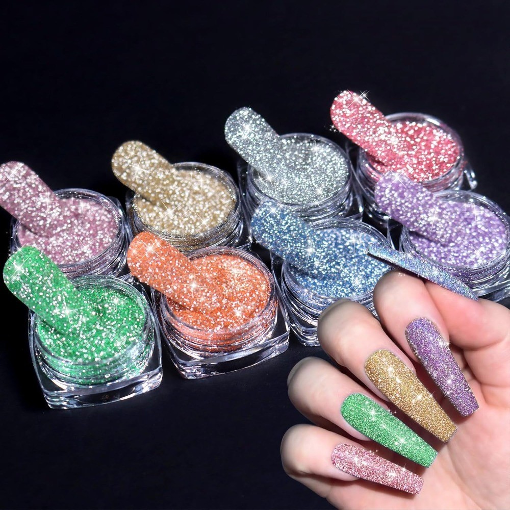 Reflective Glitter Powder Set 8 Colors Shiny Diamond Nail Art Dust Dipping