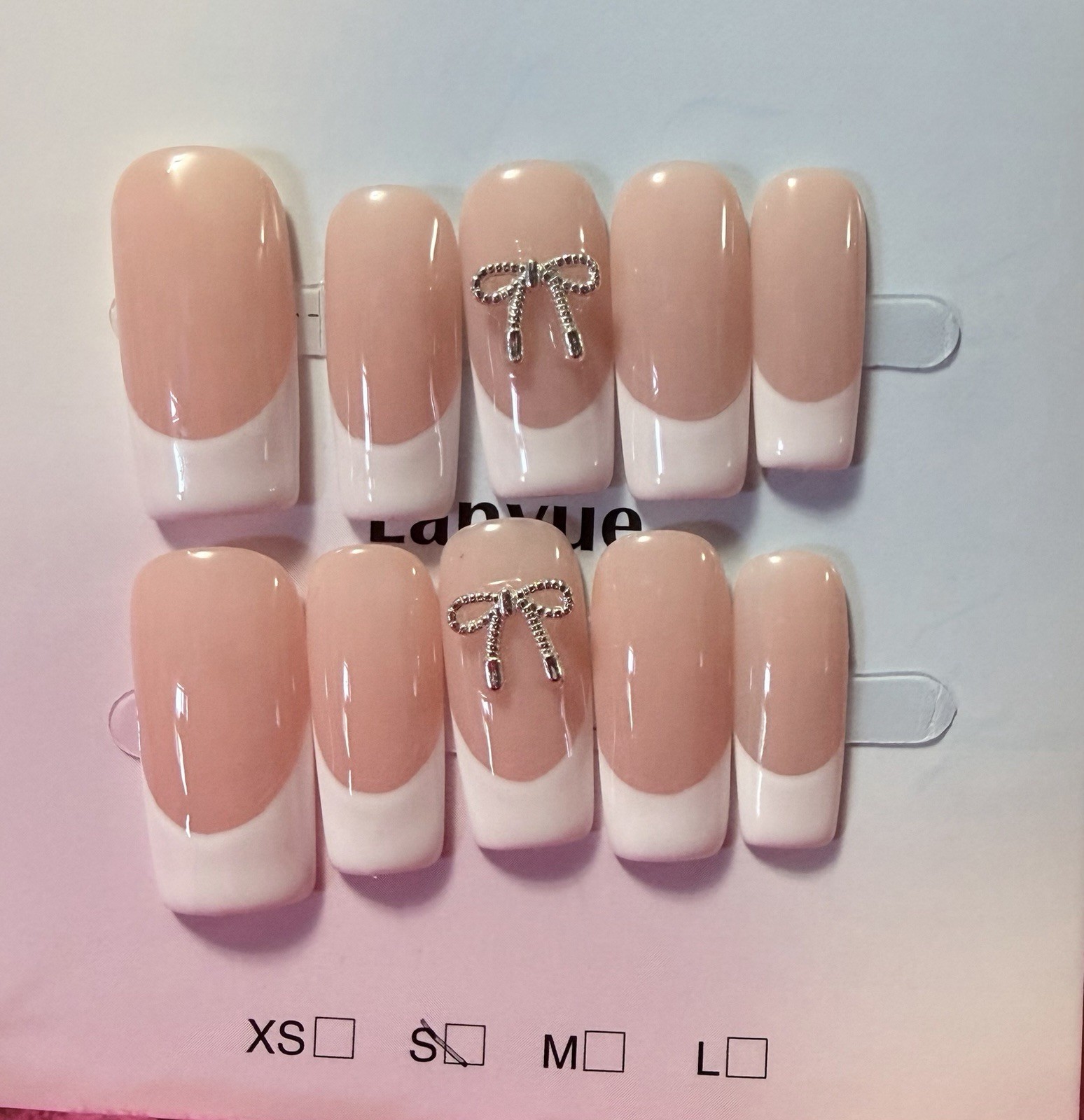 Lanyue Pink/White French Tip Bow Square Press-On Nails, Medium, Pre-Designed