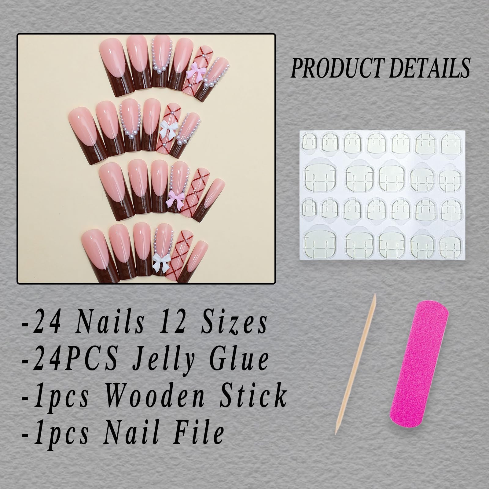 Brown French Tip Press on Nails Long Square Coffin Fake Nails Glossy Full Cov…