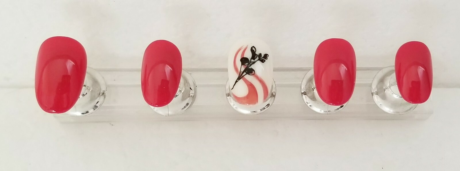 Custom Press On Handmade Gel Nails Crimson Abstract Stamped Oval Short 20 Tips