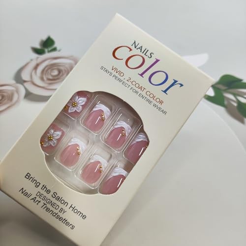 Flower White French Tip Square Press on Nails – Fake 5