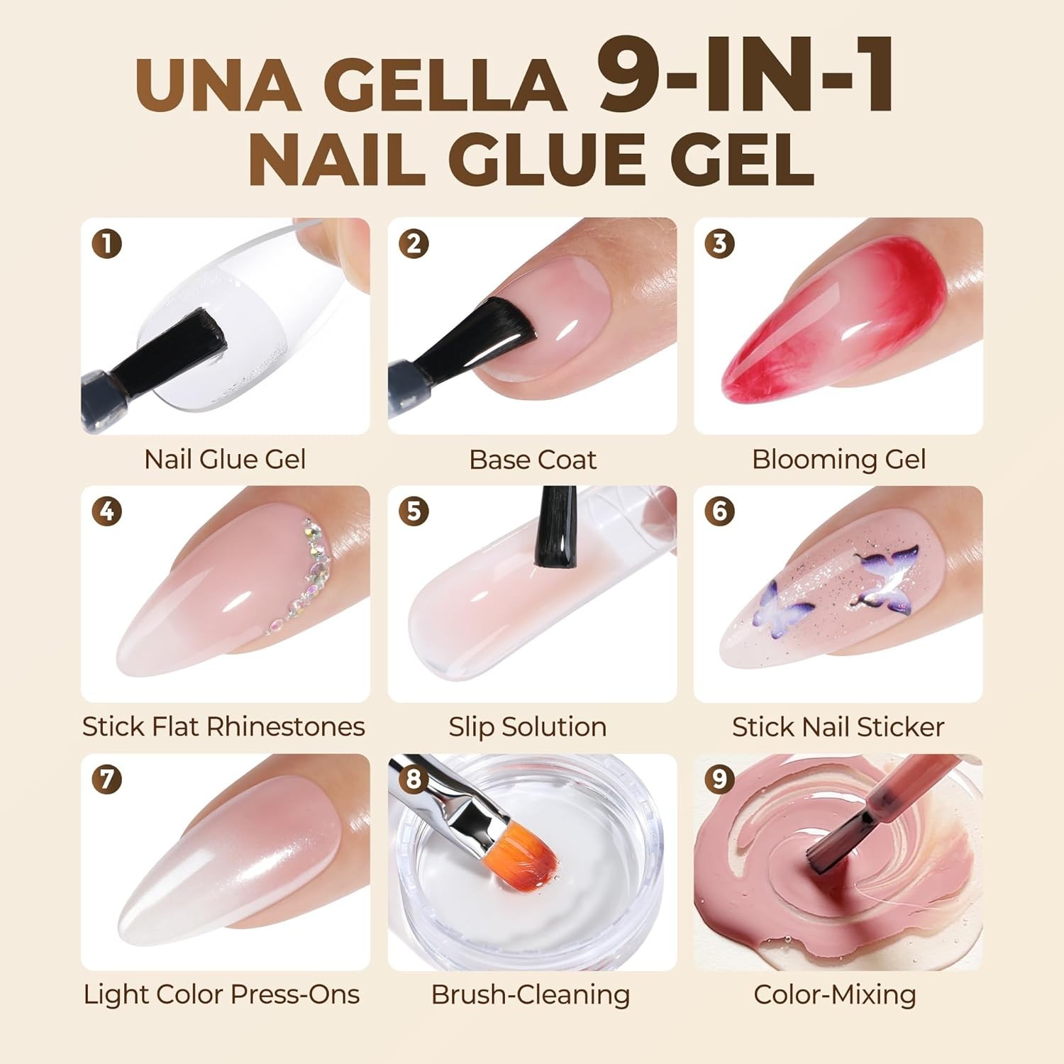 9 in 1 Gel Nail Glue for Clear Acrylic Nails Tips 2Pcs 10ml Long Lasting Supe…