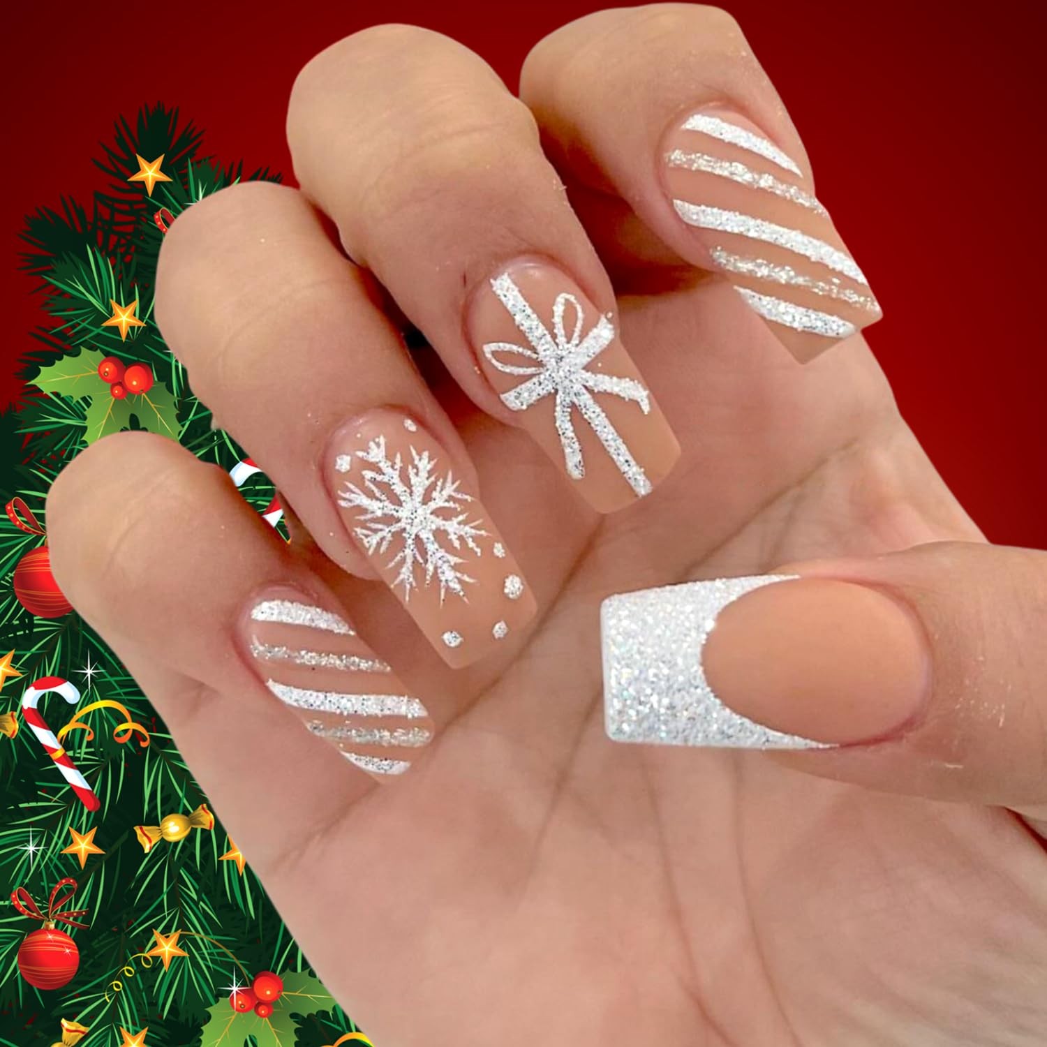 Christmas Press on Nails Medium Square Fake Nails with Snowflake Candy Cane L…